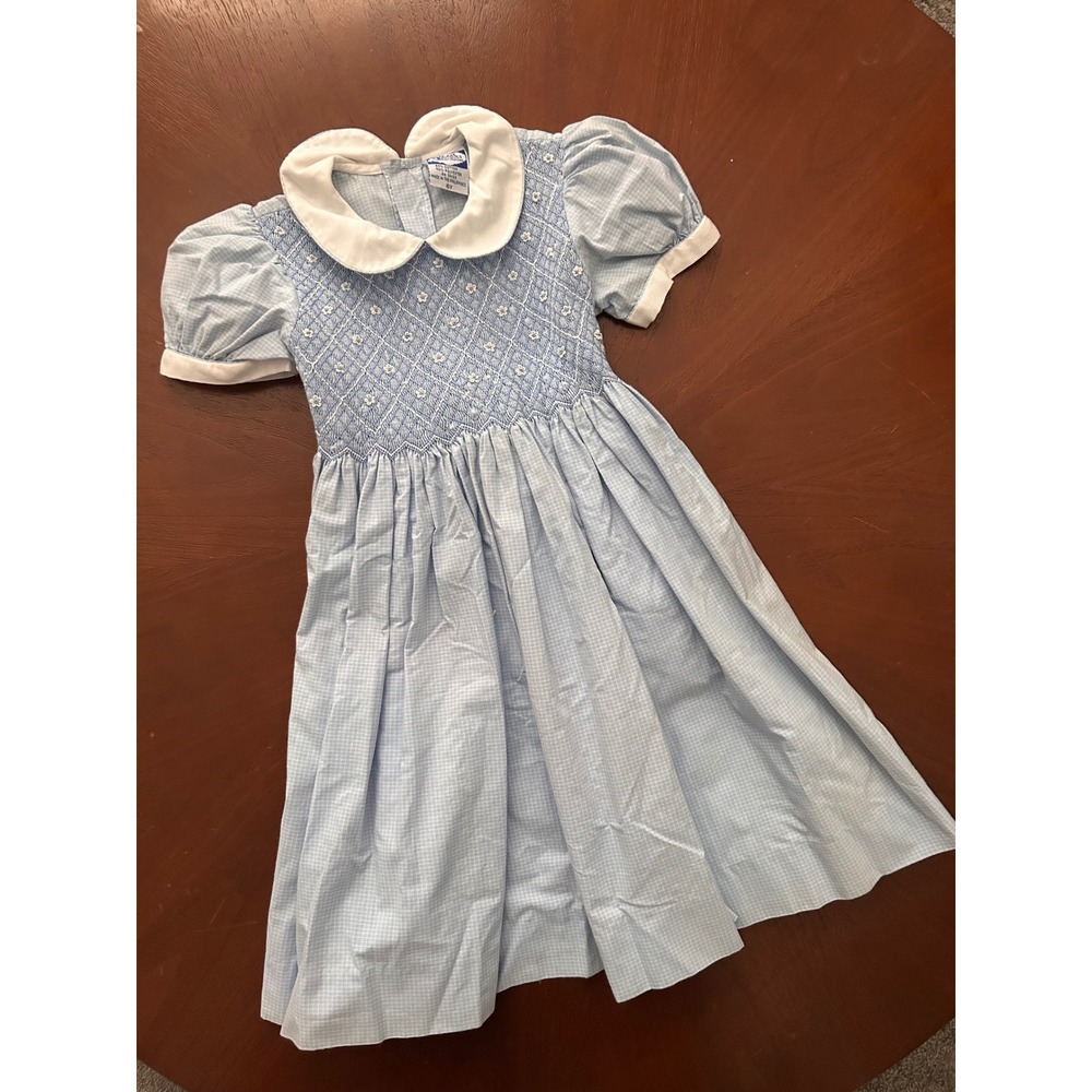 Carriage Boutiques Girls Blue Gingham Smocked Floral Peter Pan Collar Dress 6Y